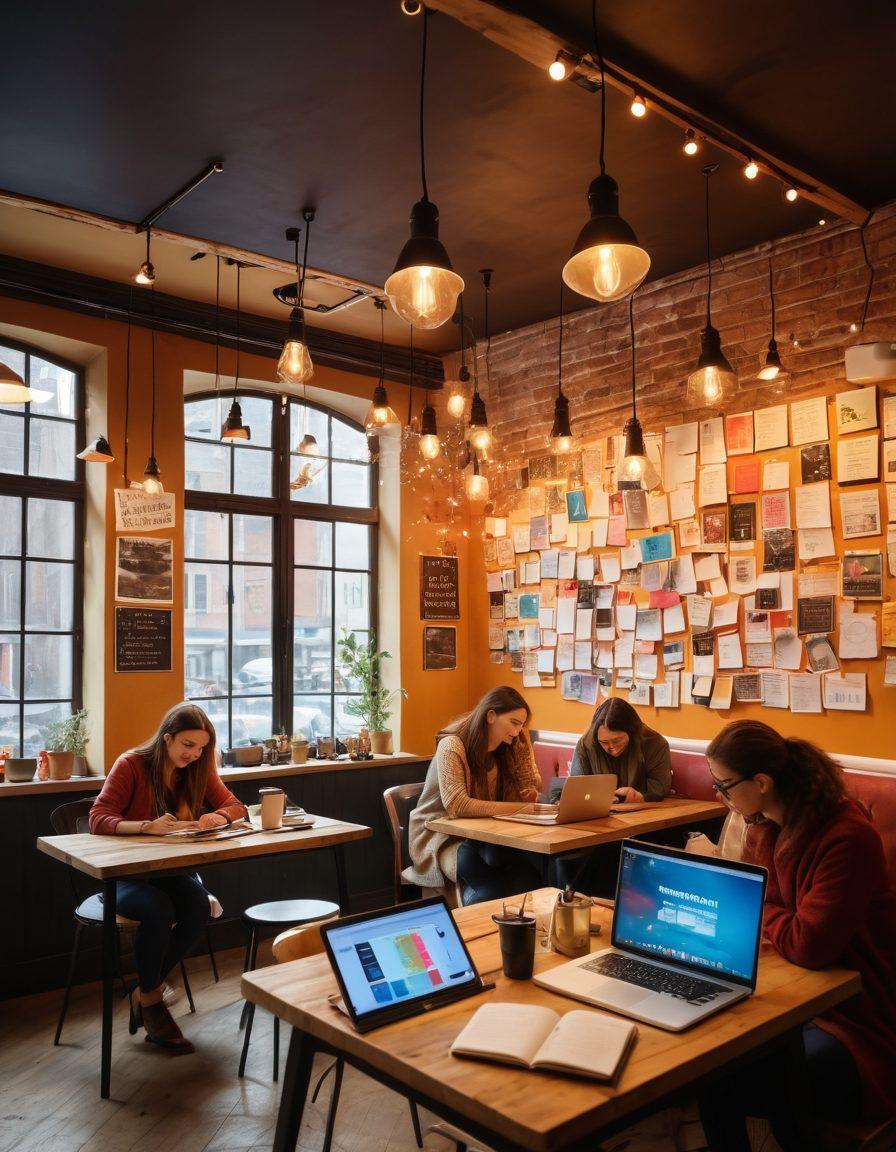A vibrant scene featuring a diverse group of bloggers brainstorming ideas in a cozy café, surrounded by colorful notebooks, laptops, and coffee cups. Magical lightbulbs hover above their heads symbolizing creativity, with a backdrop of inspiring quotes on the walls. The atmosphere is warm and inviting, inviting viewers into the creative process. super-realistic. vibrant colors. cozy setting.