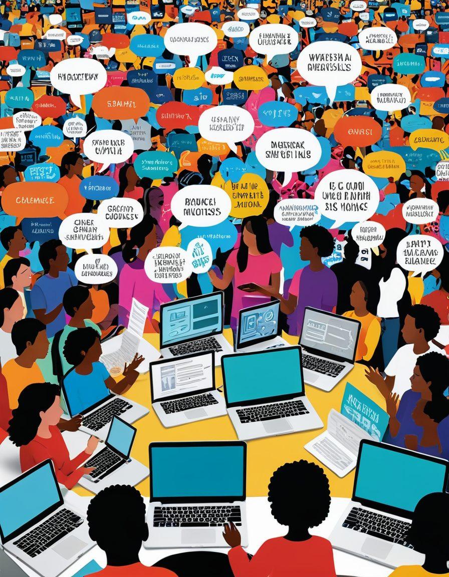 A captivating digital landscape featuring a diverse group of bloggers sharing their stories on various devices, with vibrant speech bubbles illustrating their narratives. In the background, a lively Tubave community with colorful banners and engaging visuals representing storytelling elements—books, cameras, and digital media icons. The scene should radiate a sense of connection, creativity, and collaboration. super-realistic. vibrant colors. 3D.